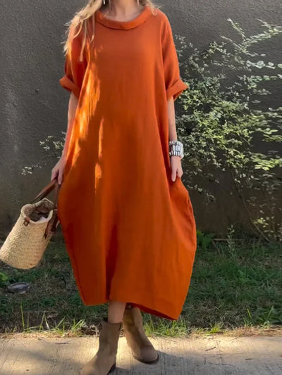 Solid Colour Cotton-Linen Dress