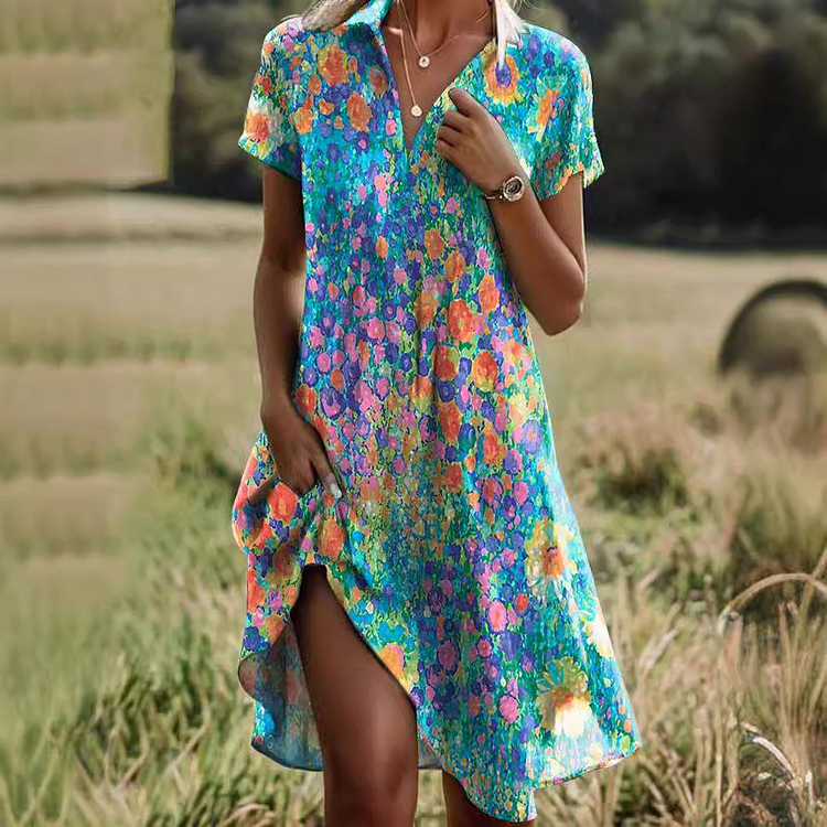 Attractive V-Neck Short Sleeve Mini Dress