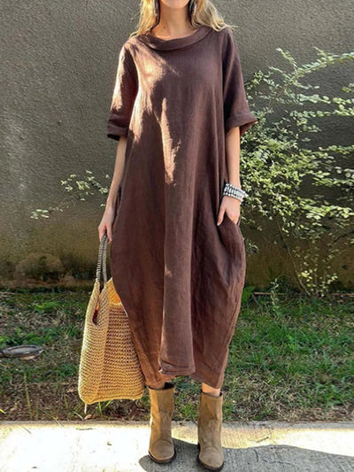 Solid Colour Cotton-Linen Dress