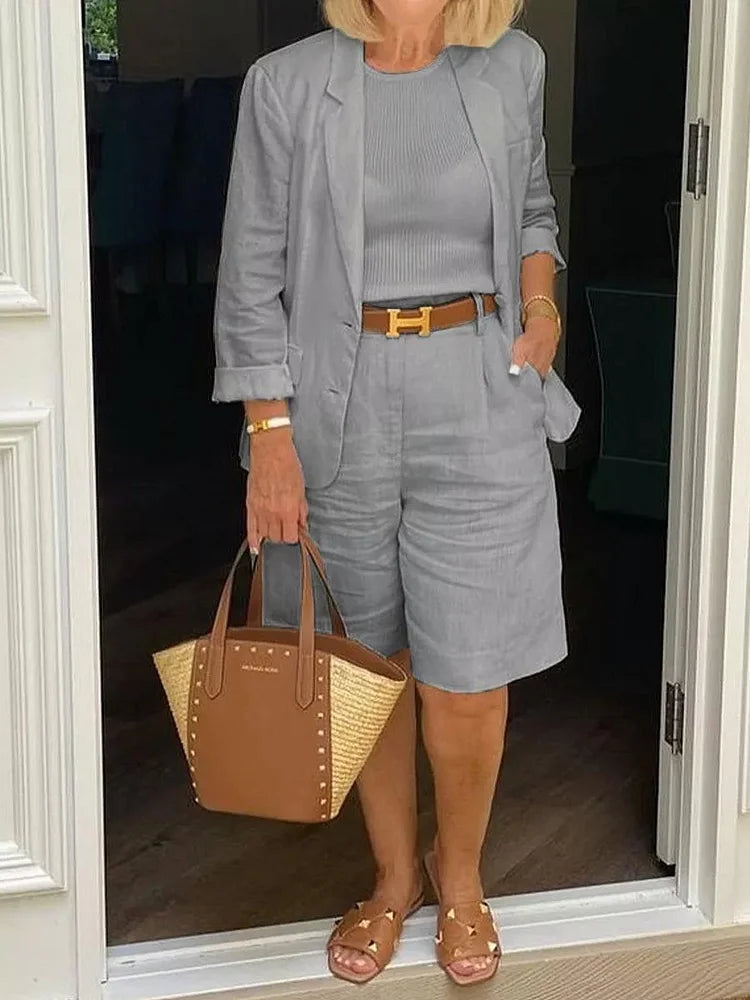 Long Sleeve Two-Piece Set – Relaxed Coat & Shorts