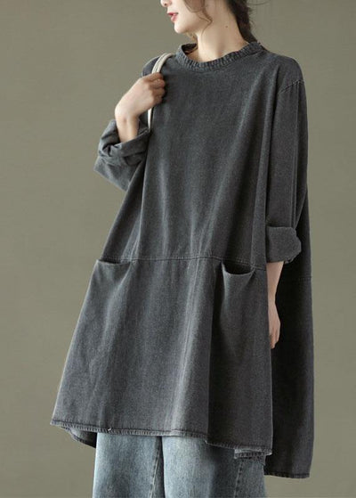 Boho Denim Maxi Dress – Black-Grey with Pockets