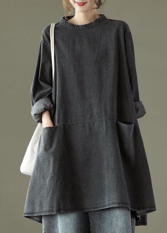 Boho Denim Maxi Dress – Black-Grey with Pockets
