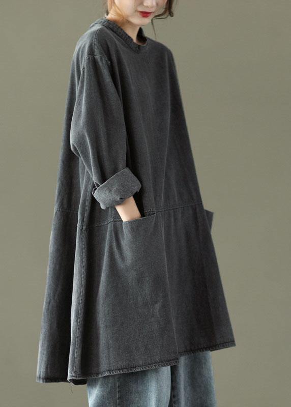 Boho Denim Maxi Dress – Black-Grey with Pockets