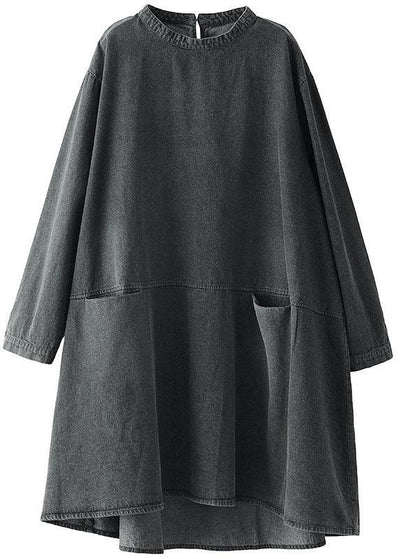 Boho Denim Maxi Dress – Black-Grey with Pockets