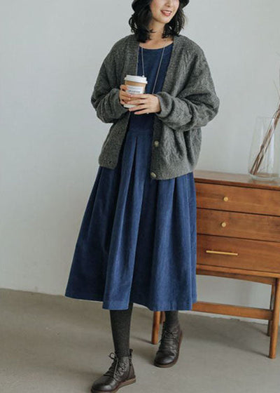 French Corduroy Patchwork Dress with Pockets