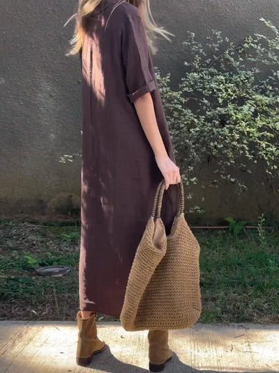 Solid Colour Cotton-Linen Dress