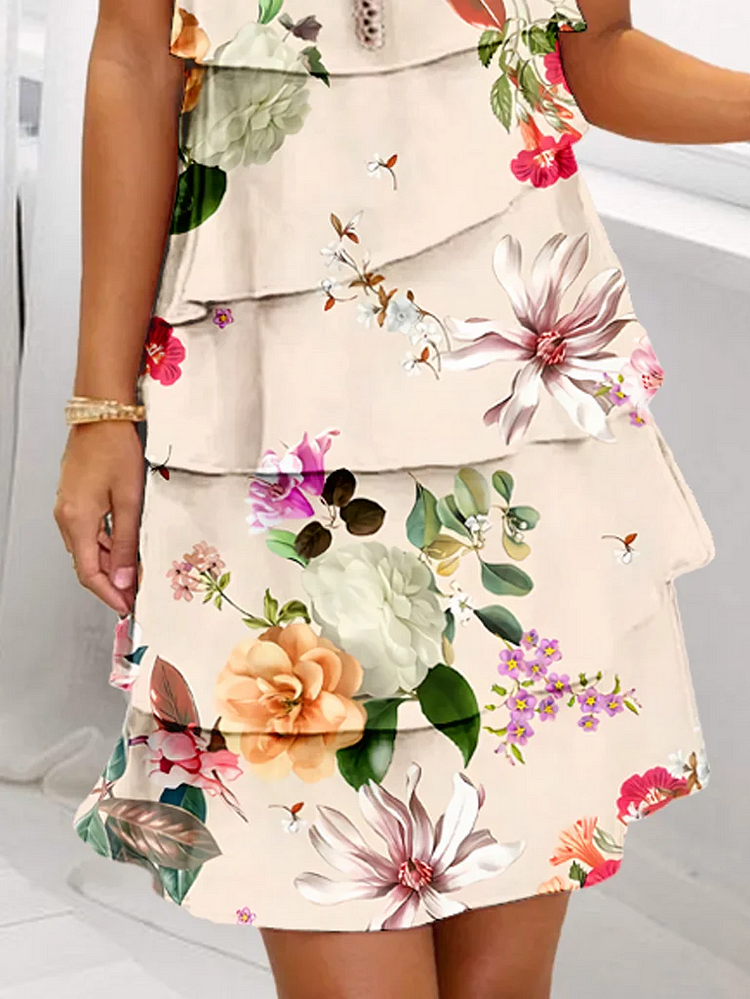 Floral Print Cascade Dress – Flowing Fit