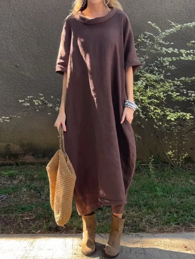 Solid Colour Cotton-Linen Dress