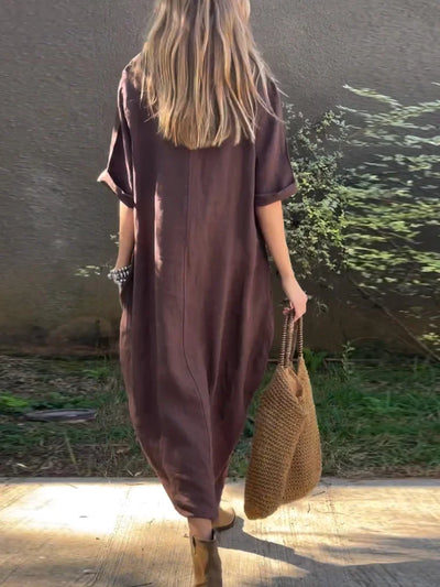 Solid Colour Cotton-Linen Dress
