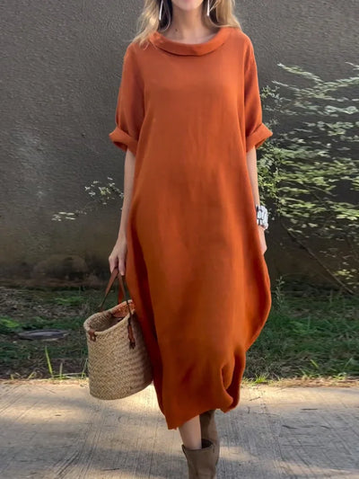 Solid Colour Cotton-Linen Dress